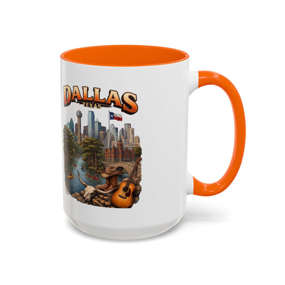 Dallas Skyline Accent Coffee Mug — Texas Souvenir Mug with Guitar & Cityscape