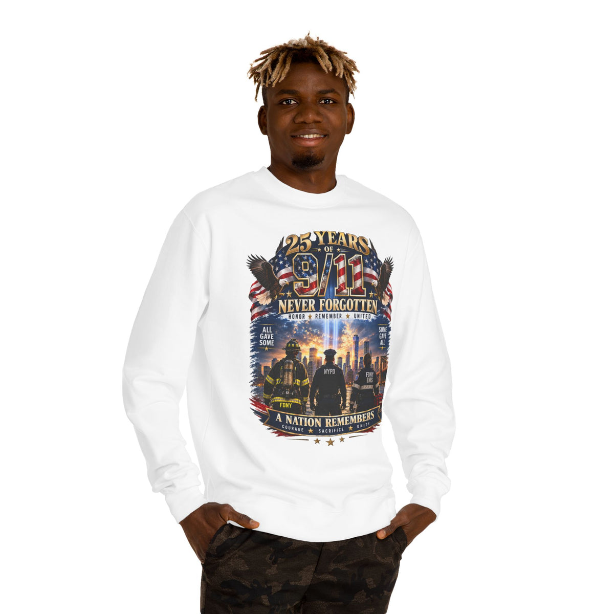 9/11 Never Forgotten Crewneck Sweatshirt — 25 Years Memorial Tribute