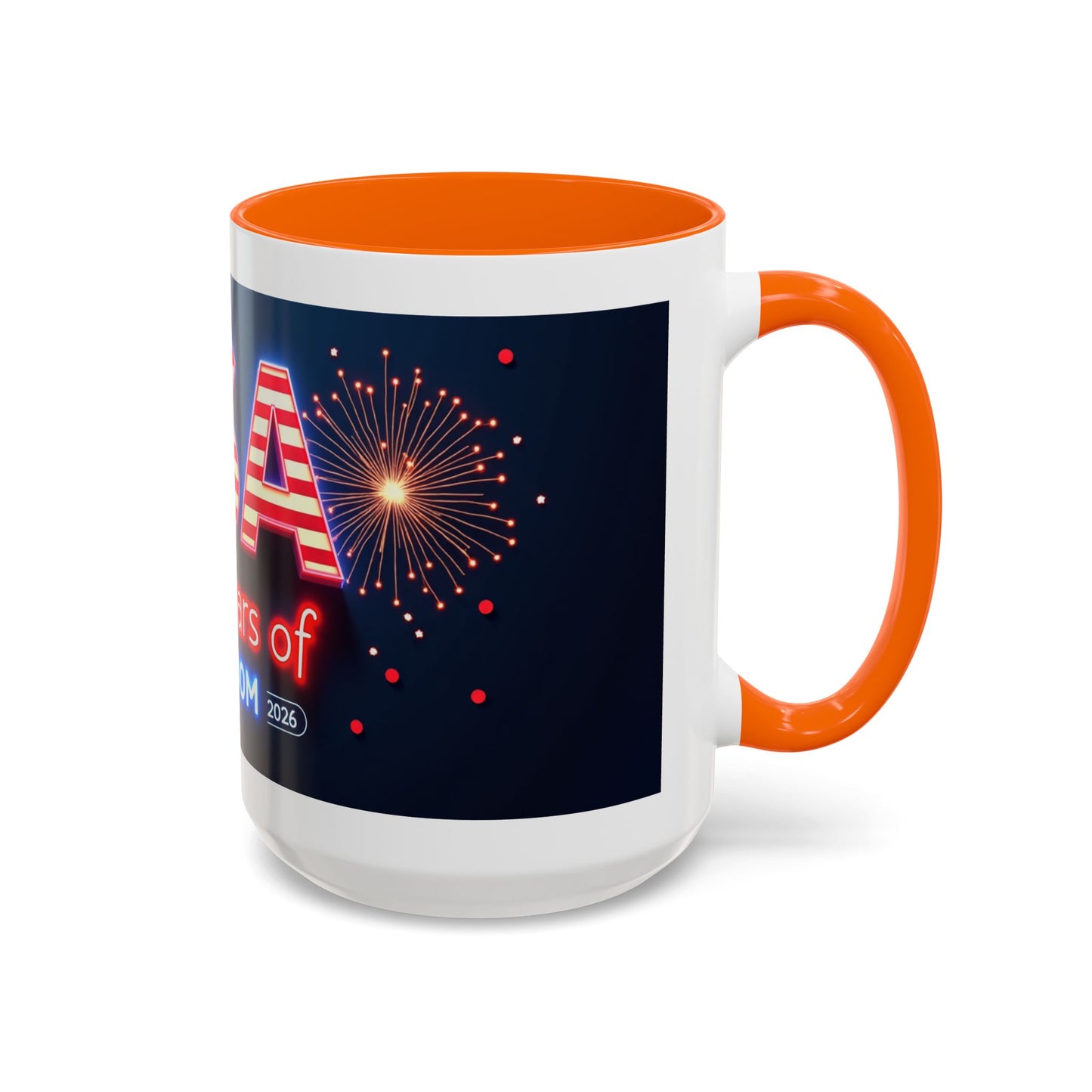 USA 250 Years of Freedom Accent Coffee Mug — Patriotic 1776–2026 Fireworks Design (11/15oz)