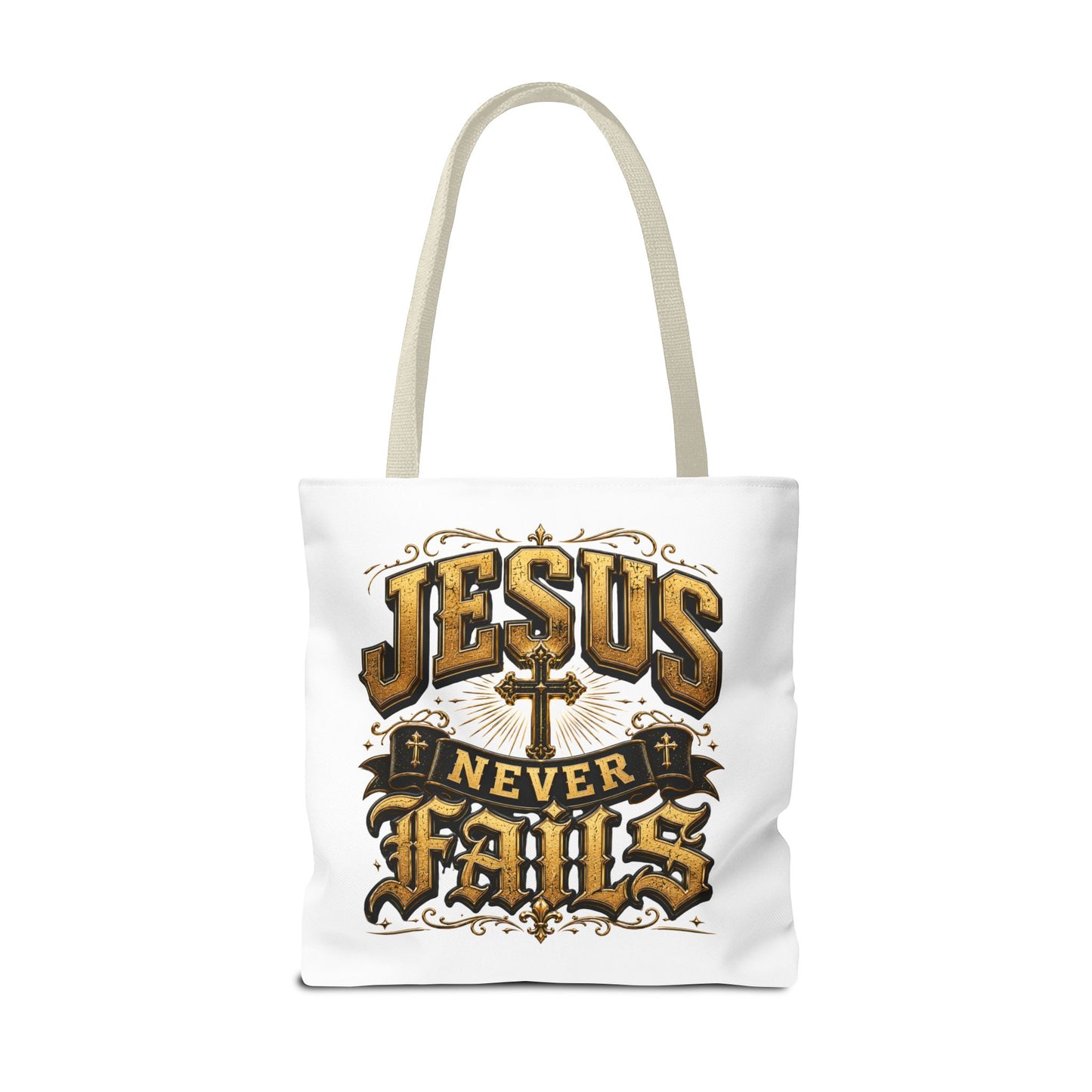 Jesus Never Fails Tote Bag — Christian Faith AOP Canvas Tote