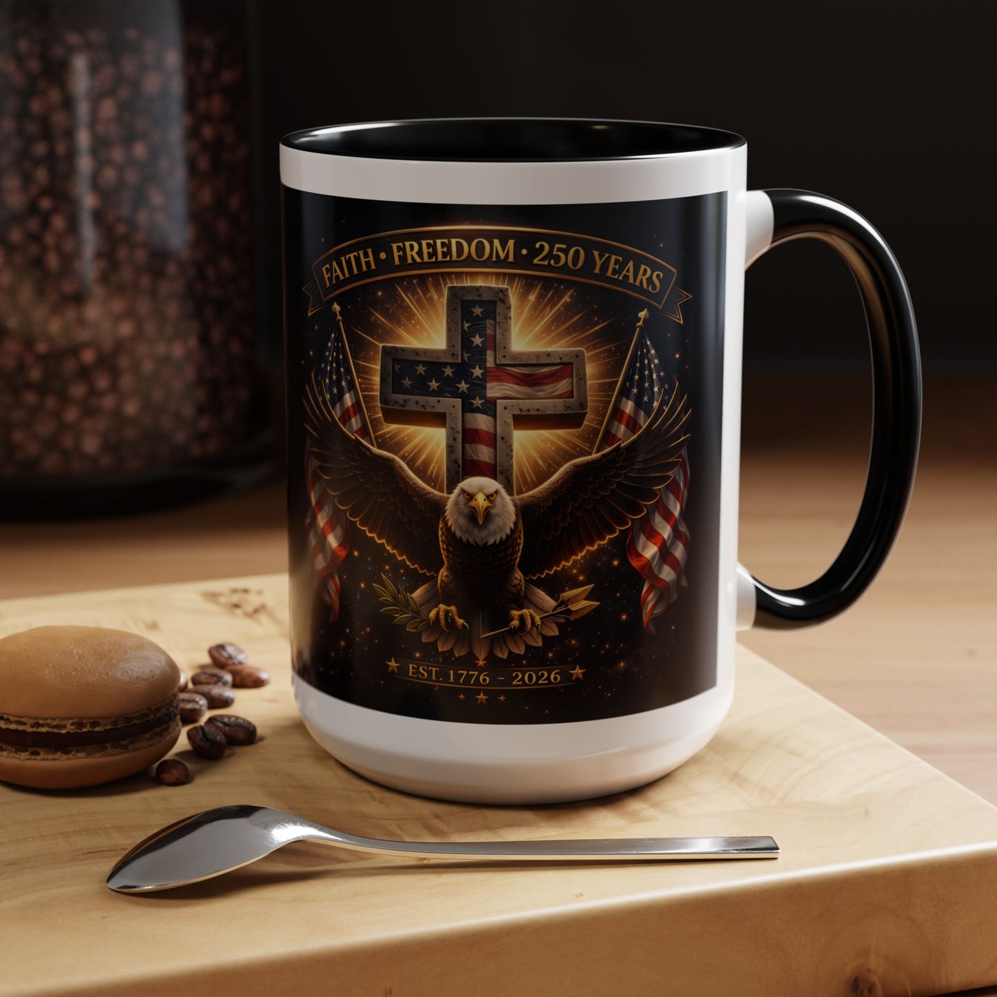 Patriotic Faith & Freedom Accent Coffee Mug — Eagle, Cross & American Flag (1776–2026)