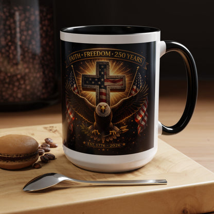 Patriotic Faith & Freedom Accent Coffee Mug — Eagle, Cross & American Flag (1776–2026)