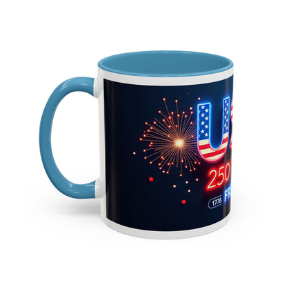 USA 250 Years of Freedom Accent Coffee Mug — Patriotic 1776–2026 Fireworks Design (11/15oz)