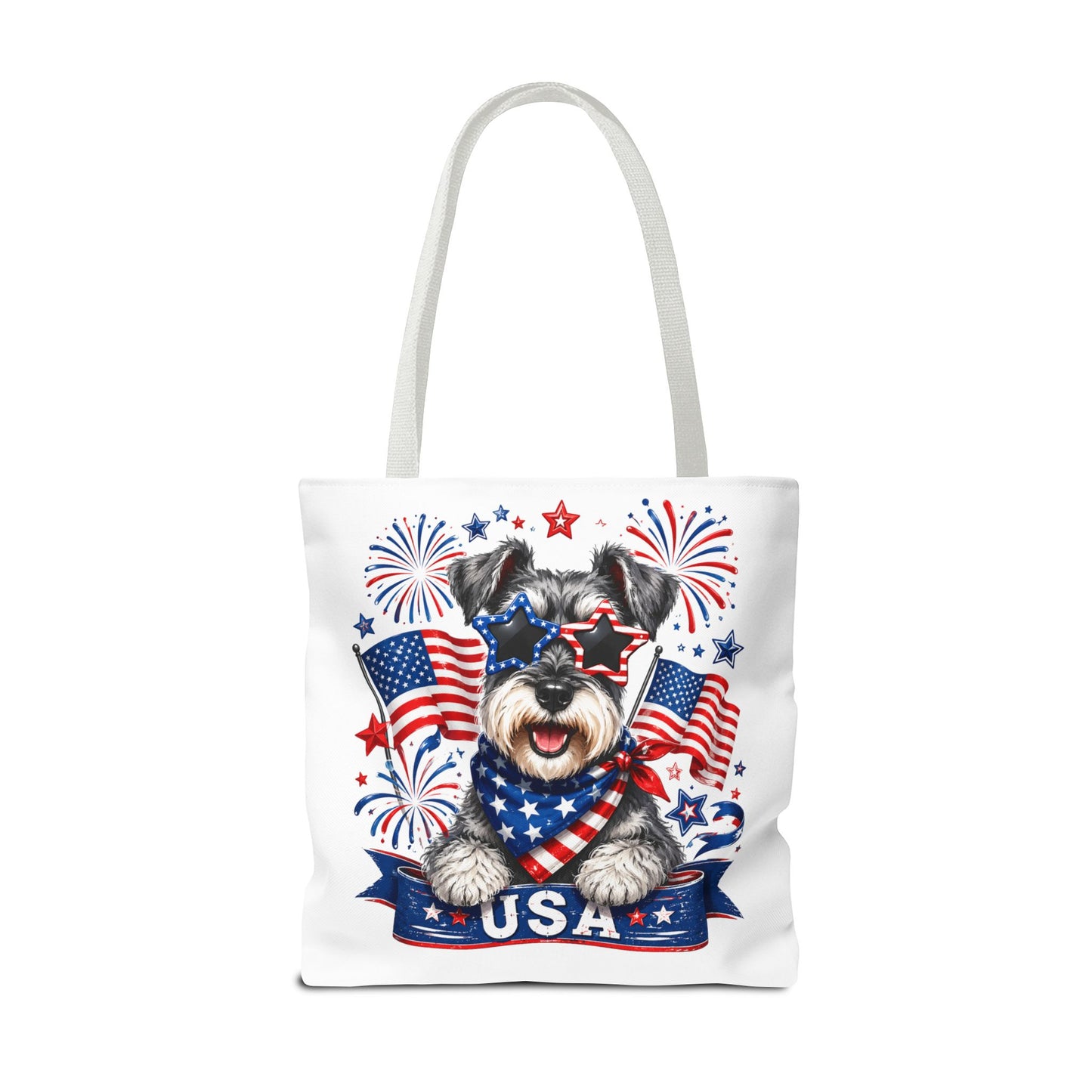 Patriotic Schnauzer Tote Bag — USA Flag Fireworks All-Over Print