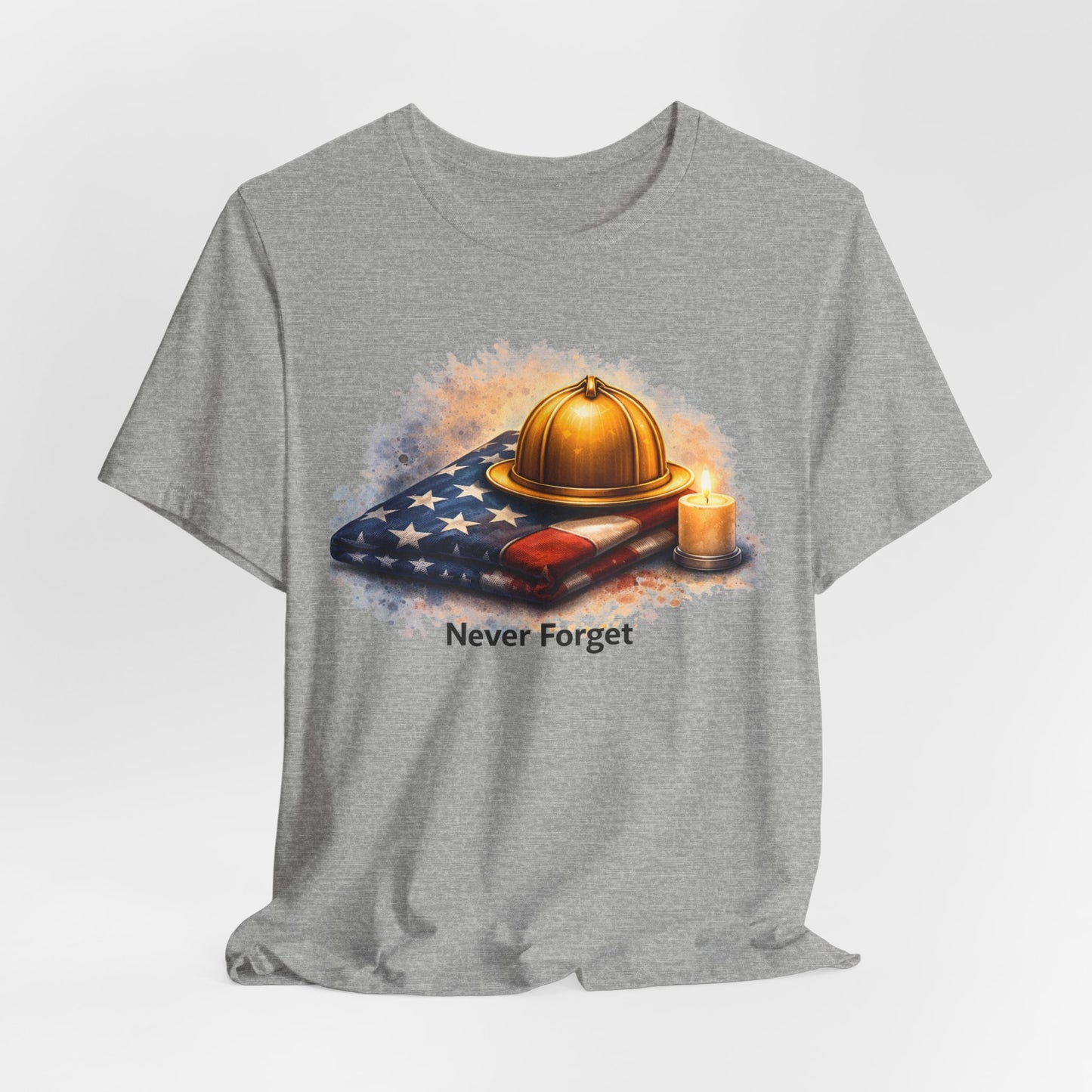 Never Forget Memorial T‑Shirt — Firefighter Helmet & Flag Tribute