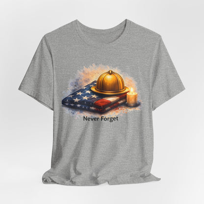 Never Forget Memorial T‑Shirt — Firefighter Helmet & Flag Tribute