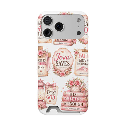 Christian Phone Case with Card Holder — 'Jesus Saves' Floral Scripture Design