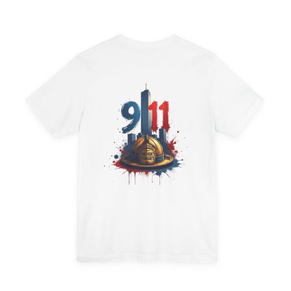 9/11 Firefighter Memorial Tee — Tribute T-Shirt with Helmet & Twin Towers Design