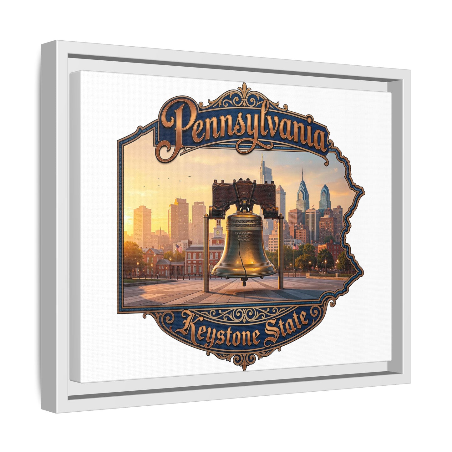 Pennsylvania Keystone State Framed Canvas Wall Art — Liberty Bell & Philadelphia Skyline
