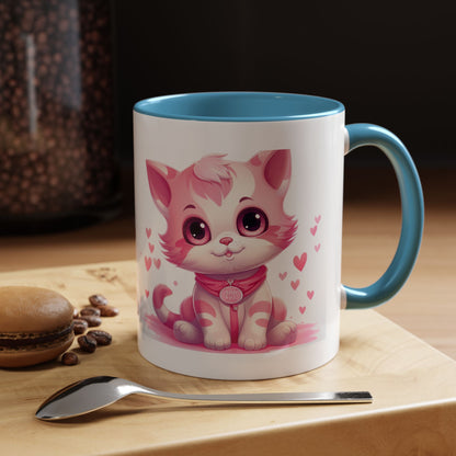 Pink Cute Kitten Coffee Mug — Cute Cat Accent Mug with Hearts (11/15oz)