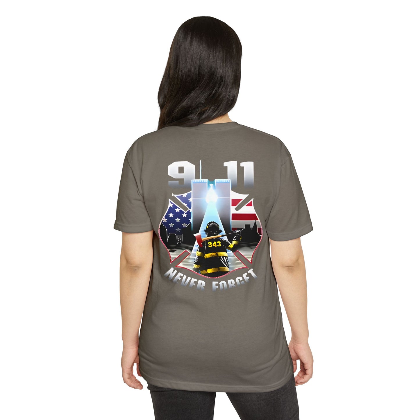 9/11 Never Forget T-Shirt — Firefighter Tribute Tee with Twin Towers & American Flag