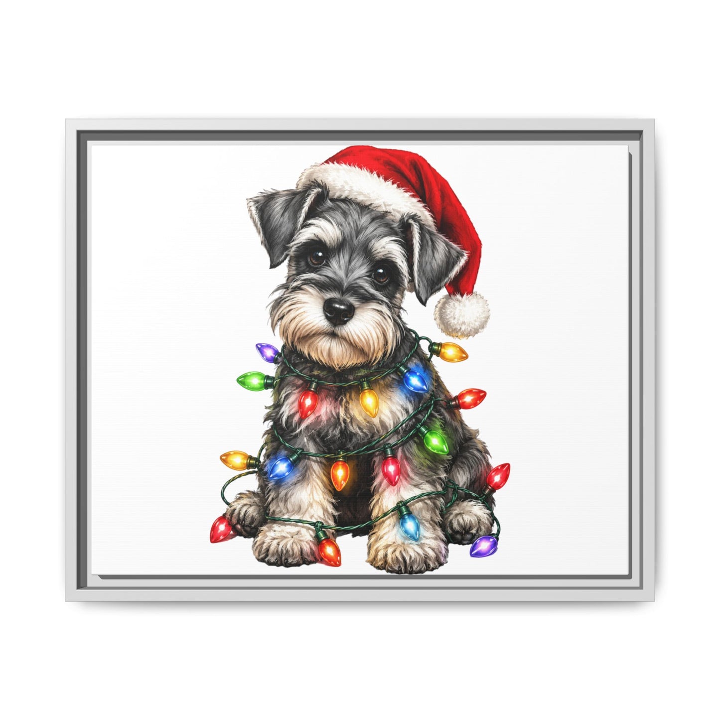 Holiday Schnauzer Canvas Print — Framed Matte Wall Art with Christmas Lights
