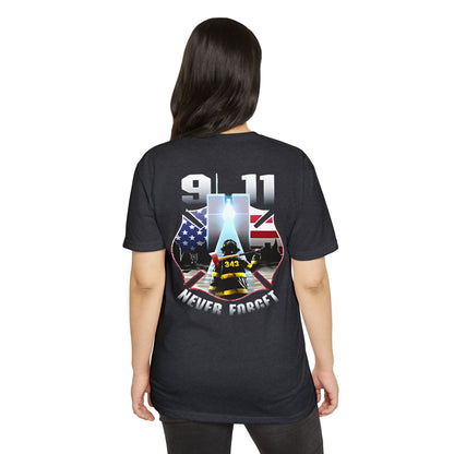 9/11 Never Forget T-Shirt — Firefighter Tribute Tee with Twin Towers & American Flag