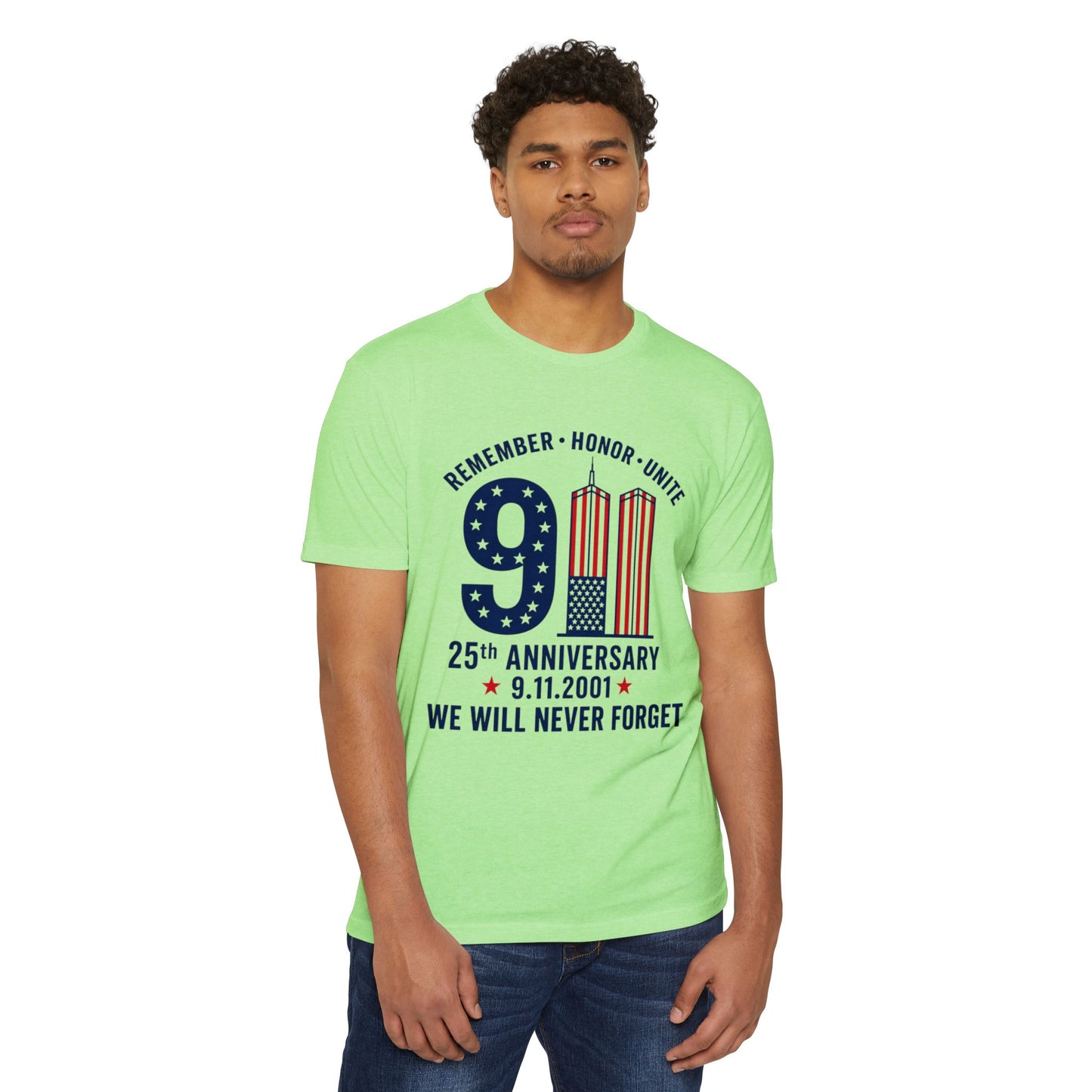 9/11 Memorial T-Shirt – "Remember Honor Unite" 25th Anniversary We Will Never Forget