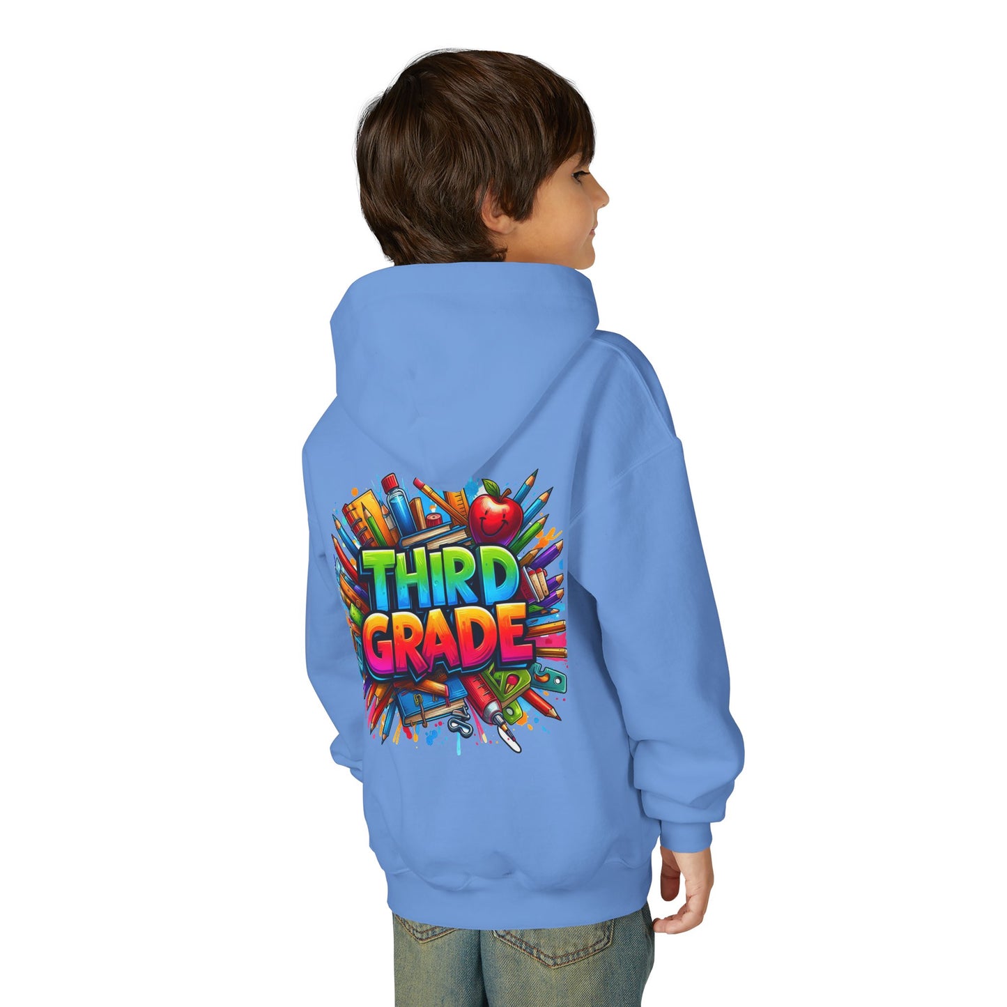 Third Grade Kids Hoodie — Colorful School Supplies Back-to-School Sweatshirt