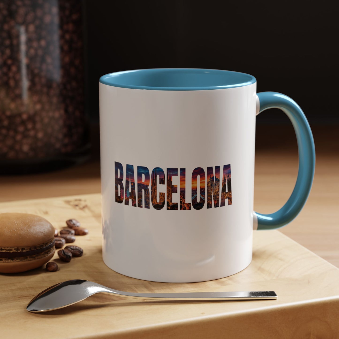 Barcelona Accent Coffee Mug — Scenic Cityscape Text Travel Souvenir (11/15oz)
