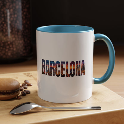 Barcelona Accent Coffee Mug — Scenic Cityscape Text Travel Souvenir (11/15oz)