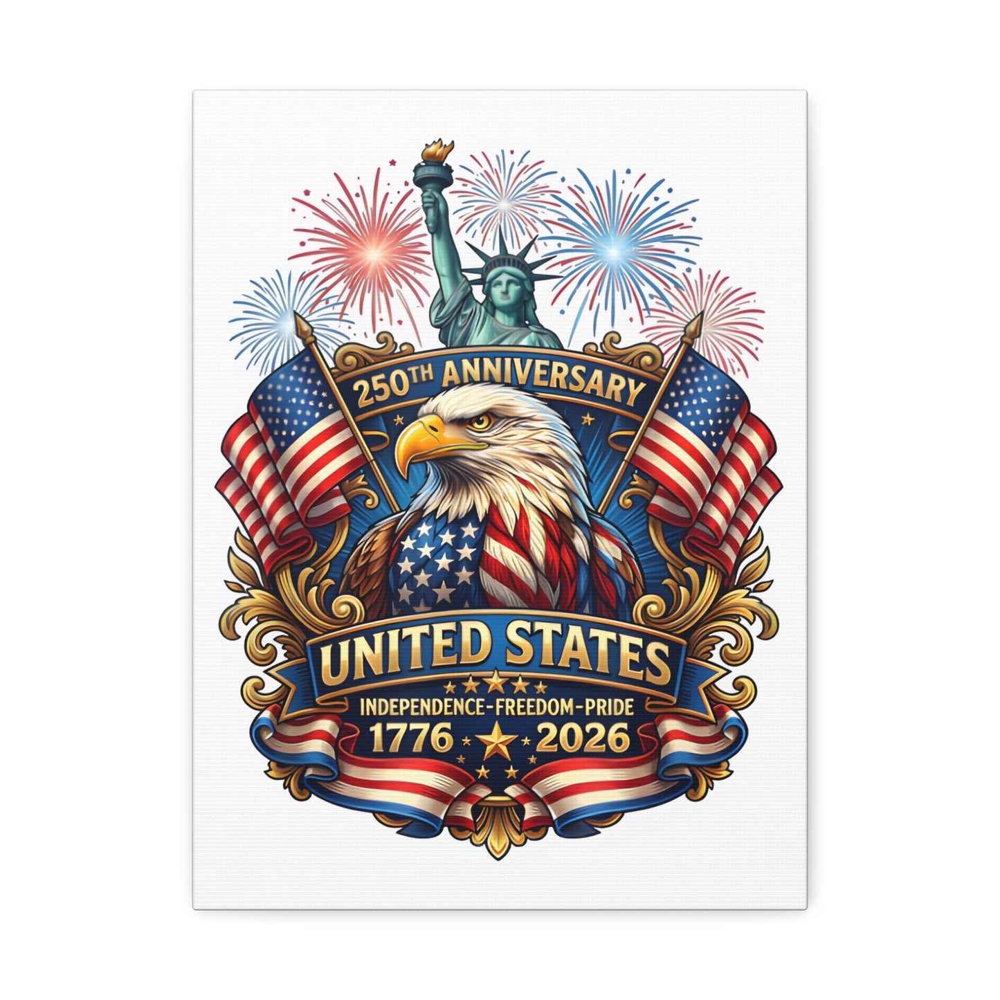 United States 250th Anniversary Stretched Canvas – 1776–2026 Eagle & Statue of Liberty Patriotic Wall Art