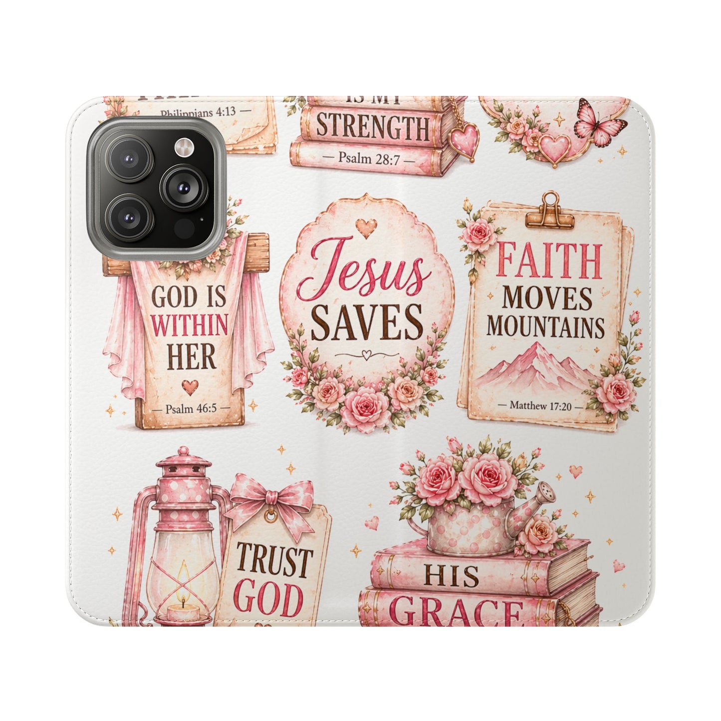 Christian Floral Phone Flip Case — "Jesus Saves" & Inspirational Scripture Wallet Cover
