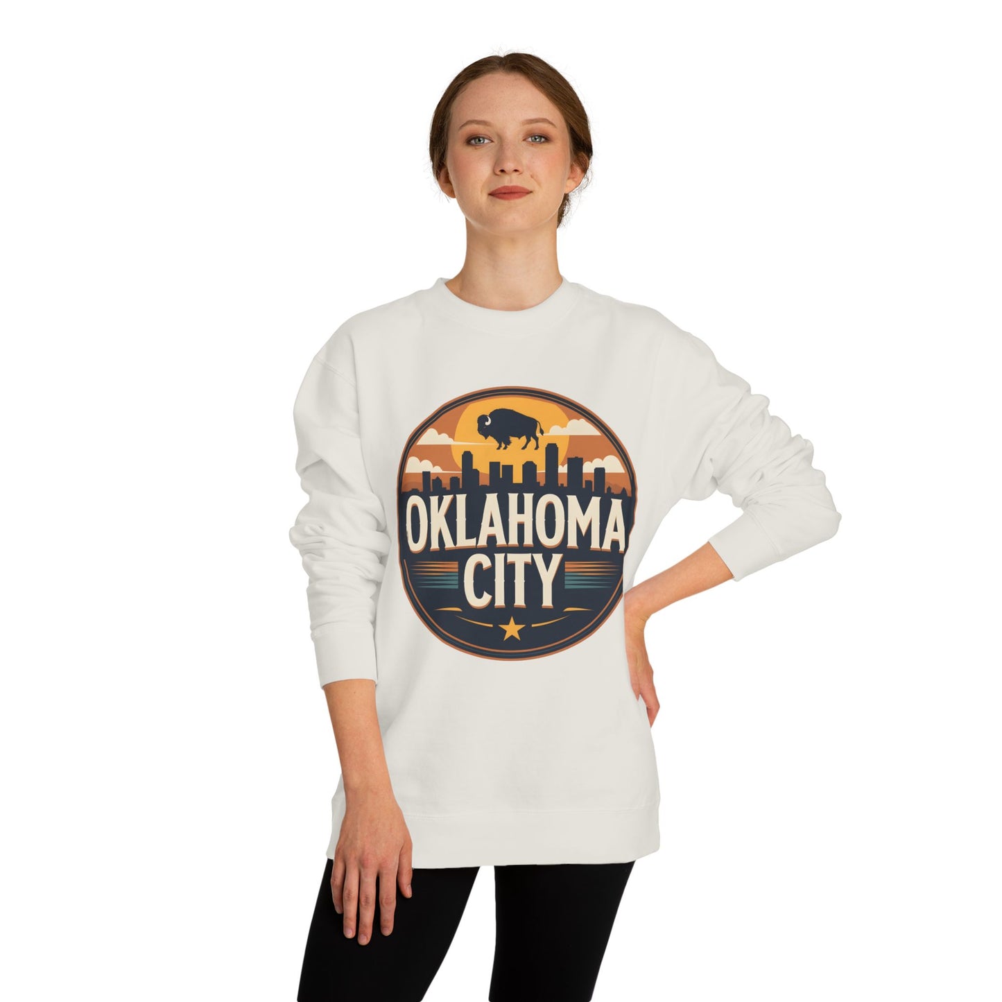 Oklahoma City Skyline Crewneck Sweatshirt — Retro Bison Graphic