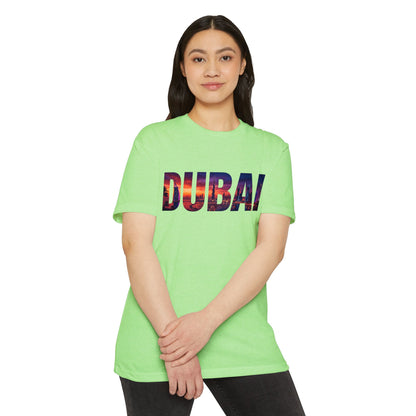 Dubai Cityscape T‑Shirt — Sunset Skyline Text Travel Tee