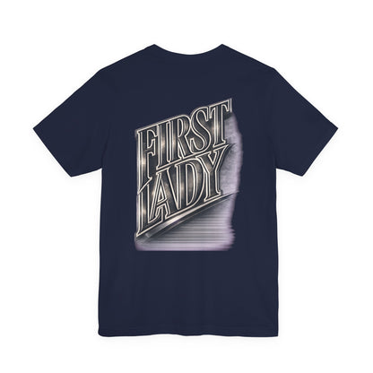 First Lady Graphic Tee — Retro Metallic Script Short Sleeve Shirt