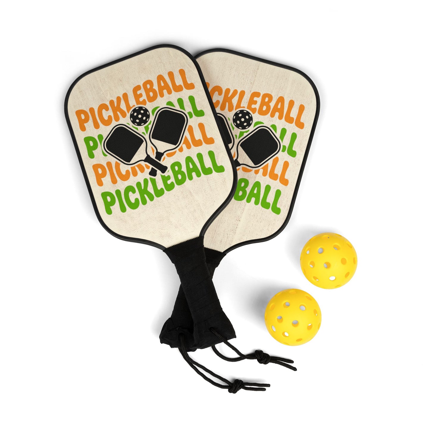 Pickleball Paddle Set – Retro 'Pickleball' Graphic Pack with 2 Paddles & 2 Balls