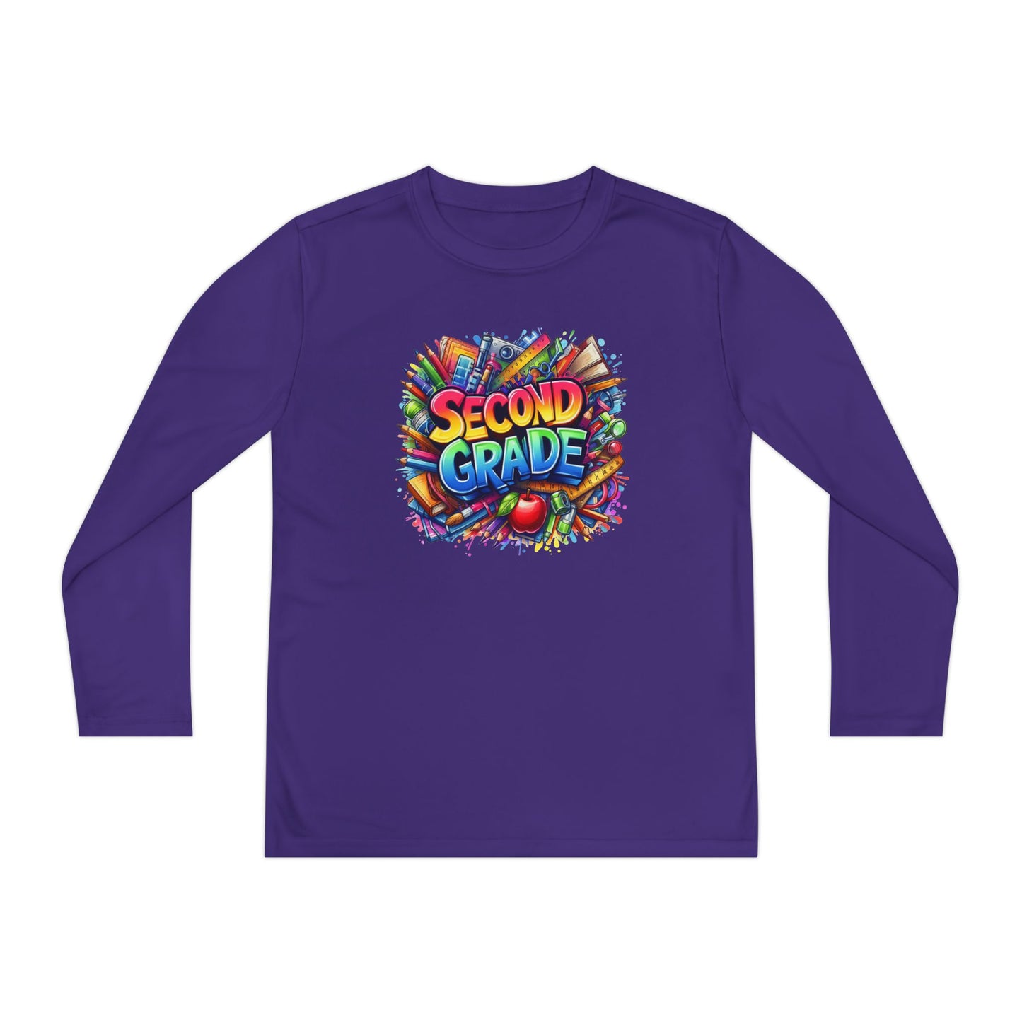 Second Grade Youth Long Sleeve Tee — Colorful School Supplies Back-to-School Shirt