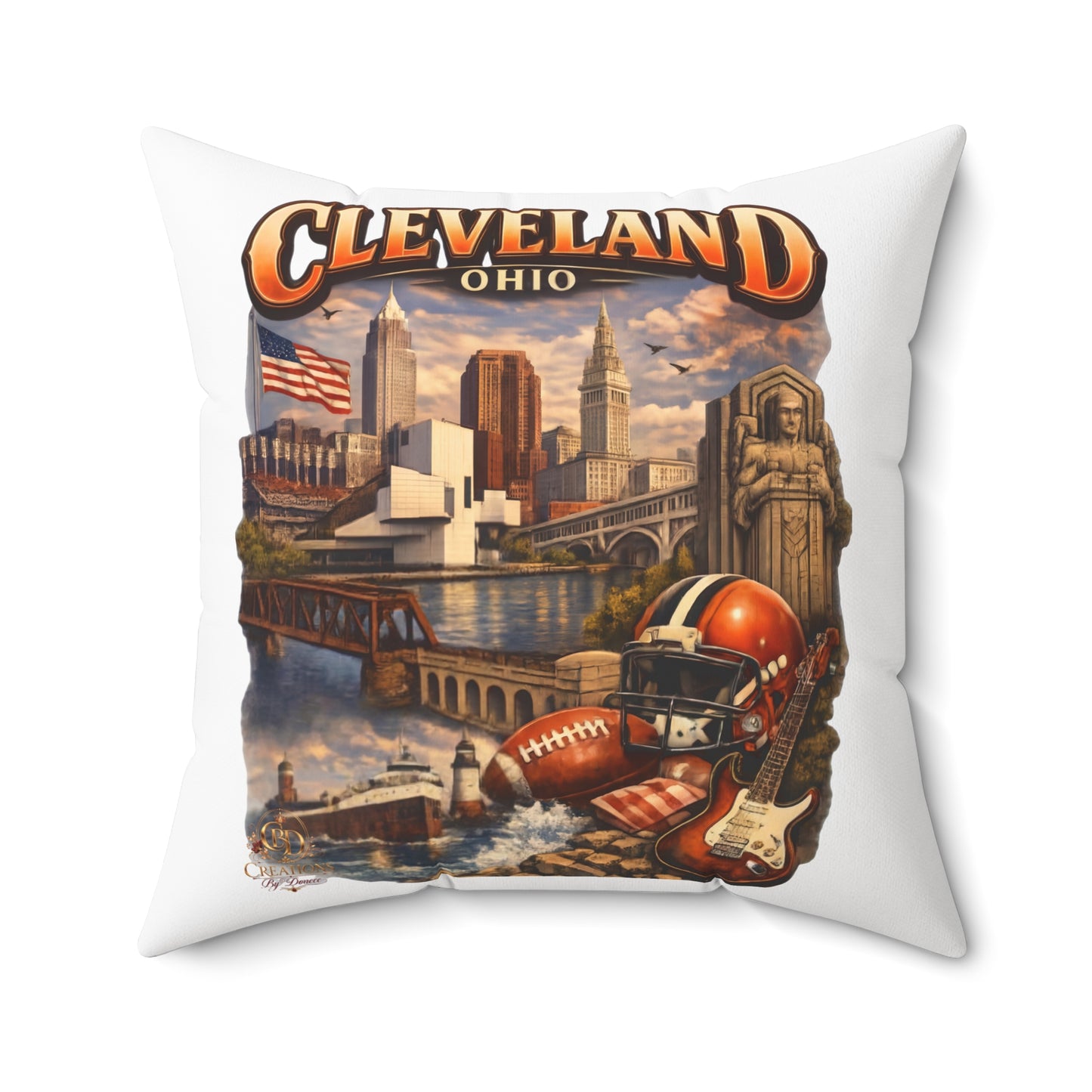 Cleveland Vintage Skyline Throw Pillow – Ohio Cityscape with Football & Rock Icons