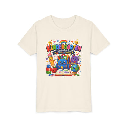 Kindergarten Kids T‑Shirt — 'Kindergarten: This Is Where the Fun Begins' Colorful Back-to-School Tee