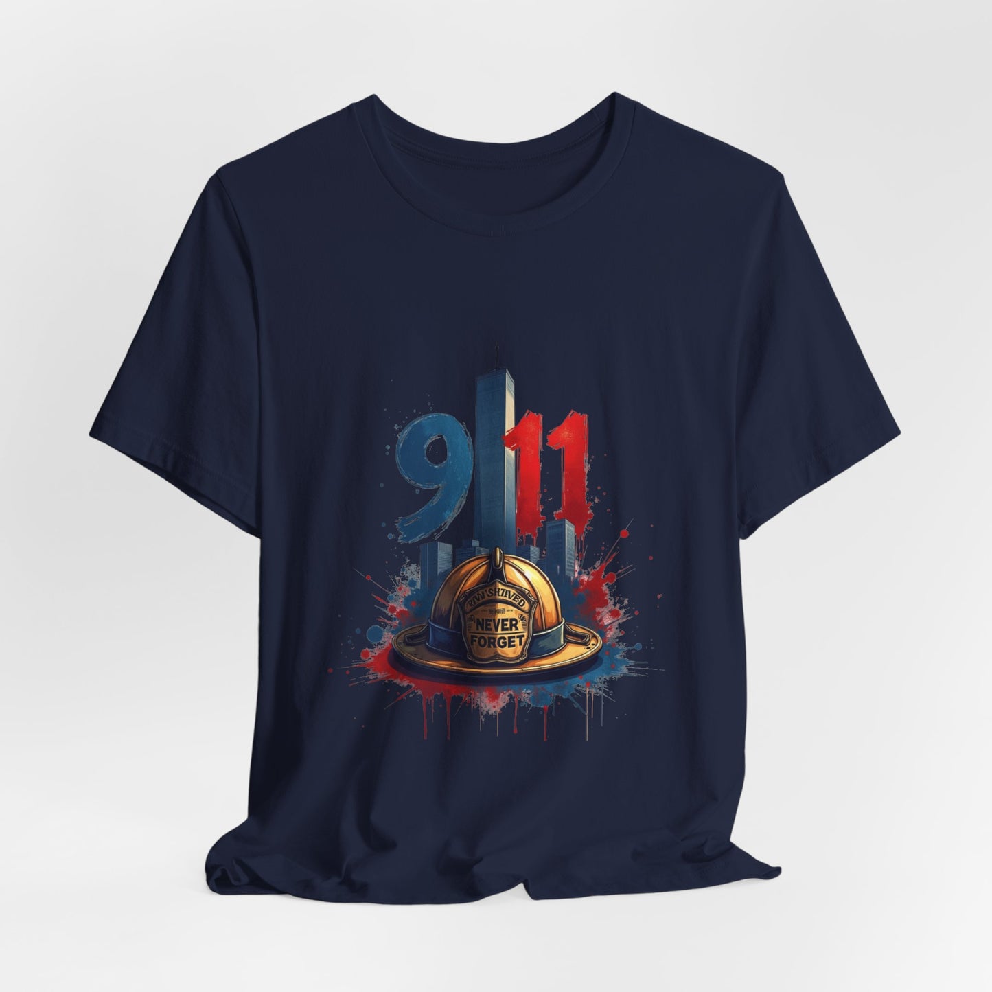 9/11 Firefighter Memorial Tee — Tribute T-Shirt with Helmet & Twin Towers Design