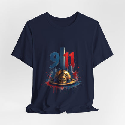 9/11 Firefighter Memorial Tee — Tribute T-Shirt with Helmet & Twin Towers Design