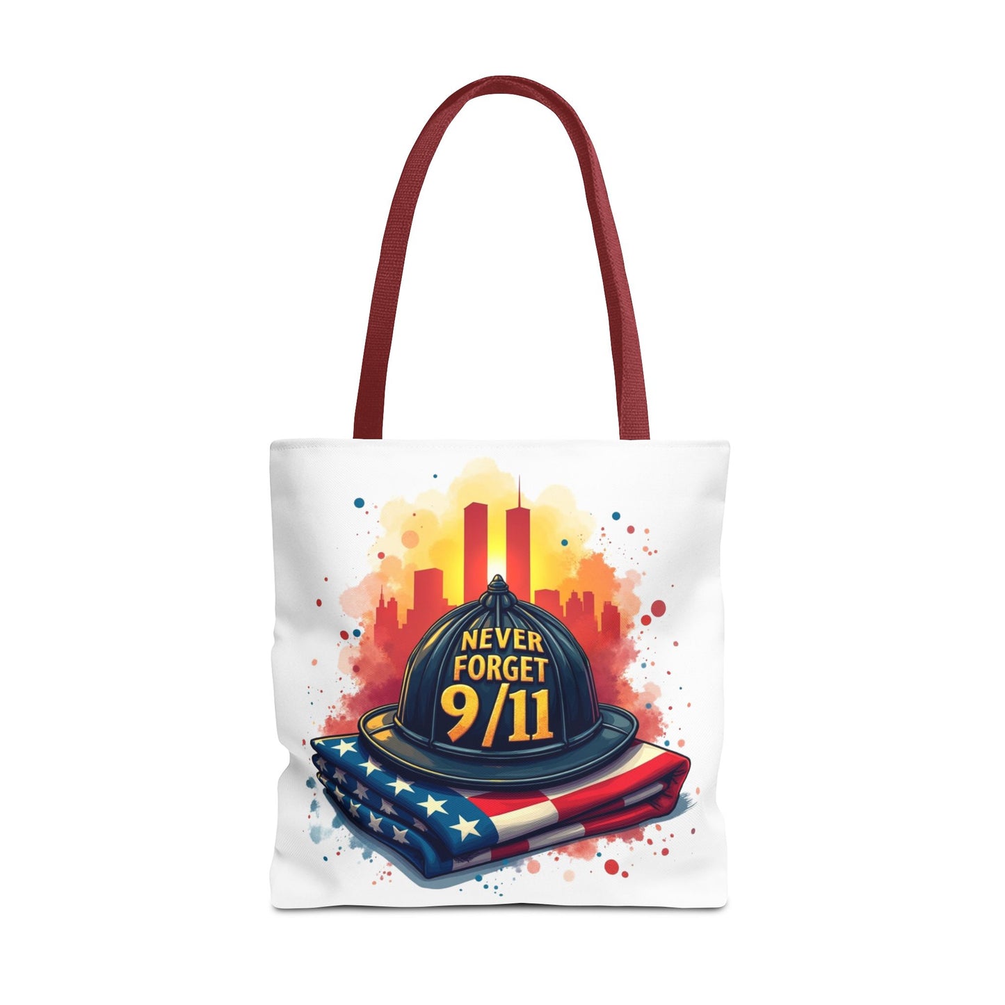 Never Forget 9/11 Memorial Tote Bag — Firefighter Helmet & Flag Tribute