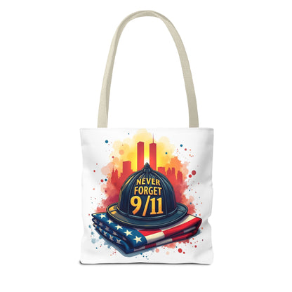 Never Forget 9/11 Memorial Tote Bag — Firefighter Helmet & Flag Tribute