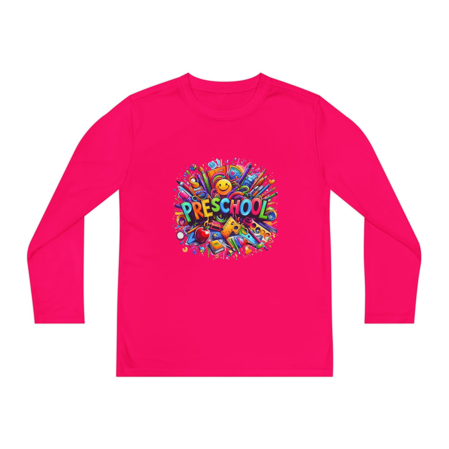Youth Preschool Long Sleeve Tee - Colorful School Supplies Design