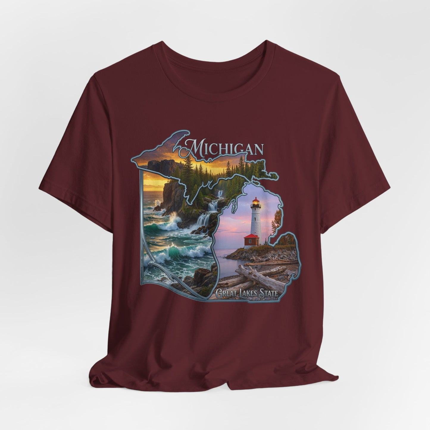 Michigan Scenic Map T-Shirt — Great Lakes Lighthouse Sunset Tee