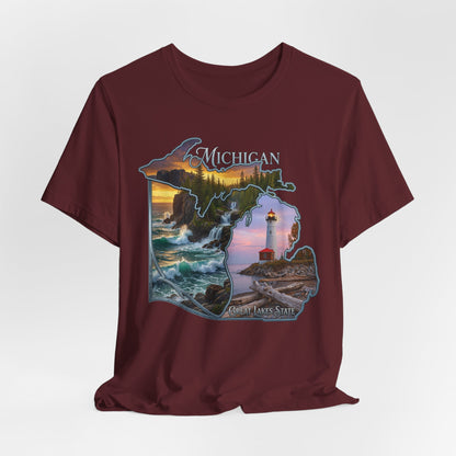 Michigan Scenic Map T-Shirt — Great Lakes Lighthouse Sunset Tee