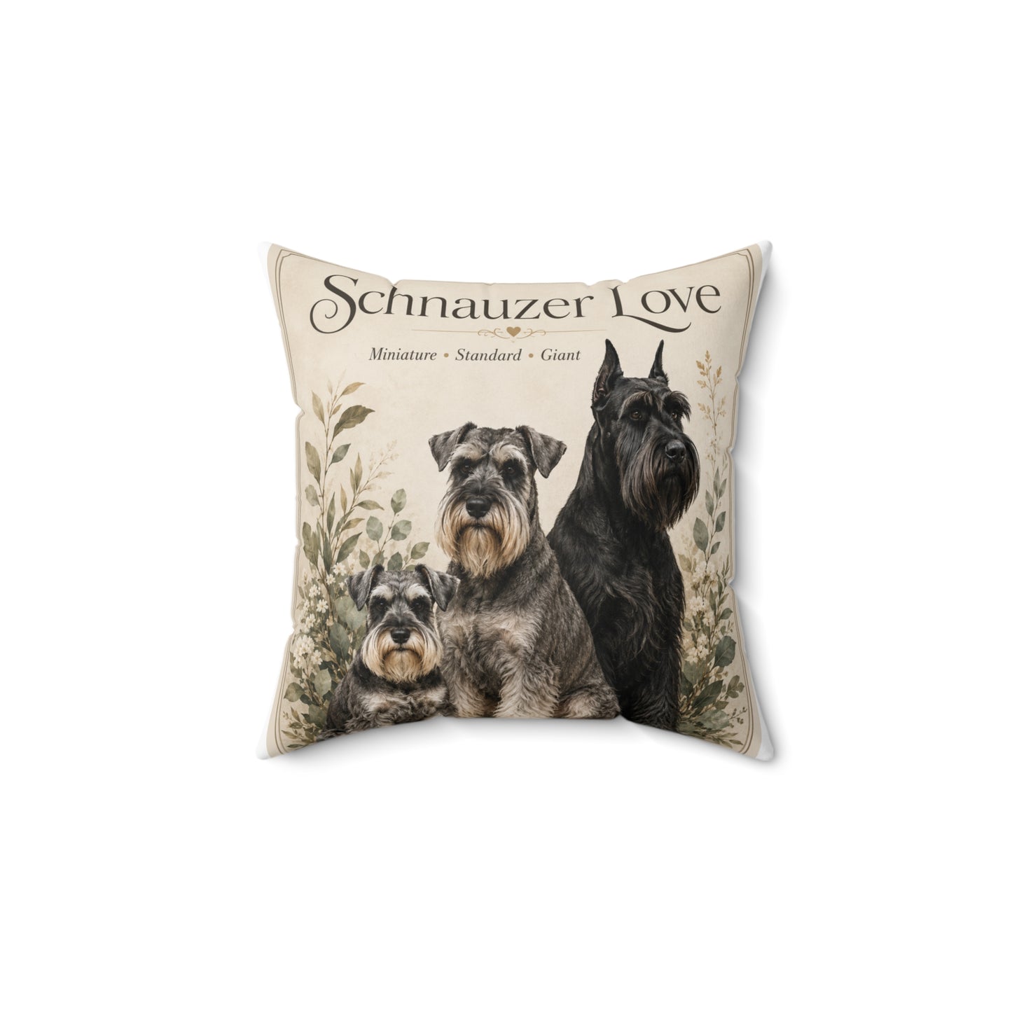 Schnauzer Love Throw Pillow — Decorative Dog Breed Cushion (Miniature, Standard, Giant)