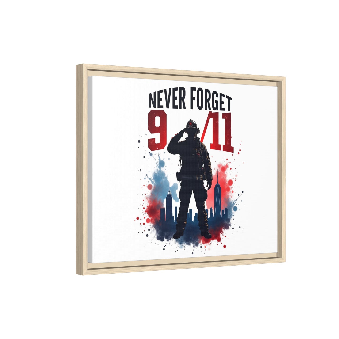 Never Forget 9/11 Framed Canvas Print — Patriotic Firefighter Memorial Art