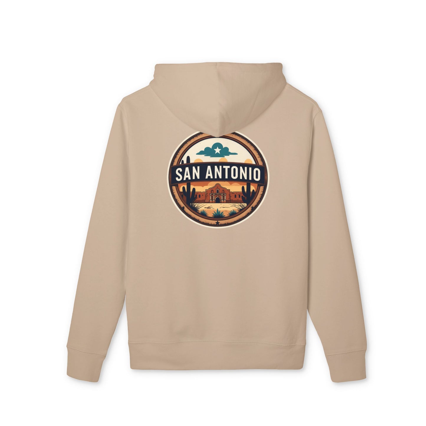 San Antonio Vintage Patch Hoodie — Retro Cityscape Travel Sweatshirt