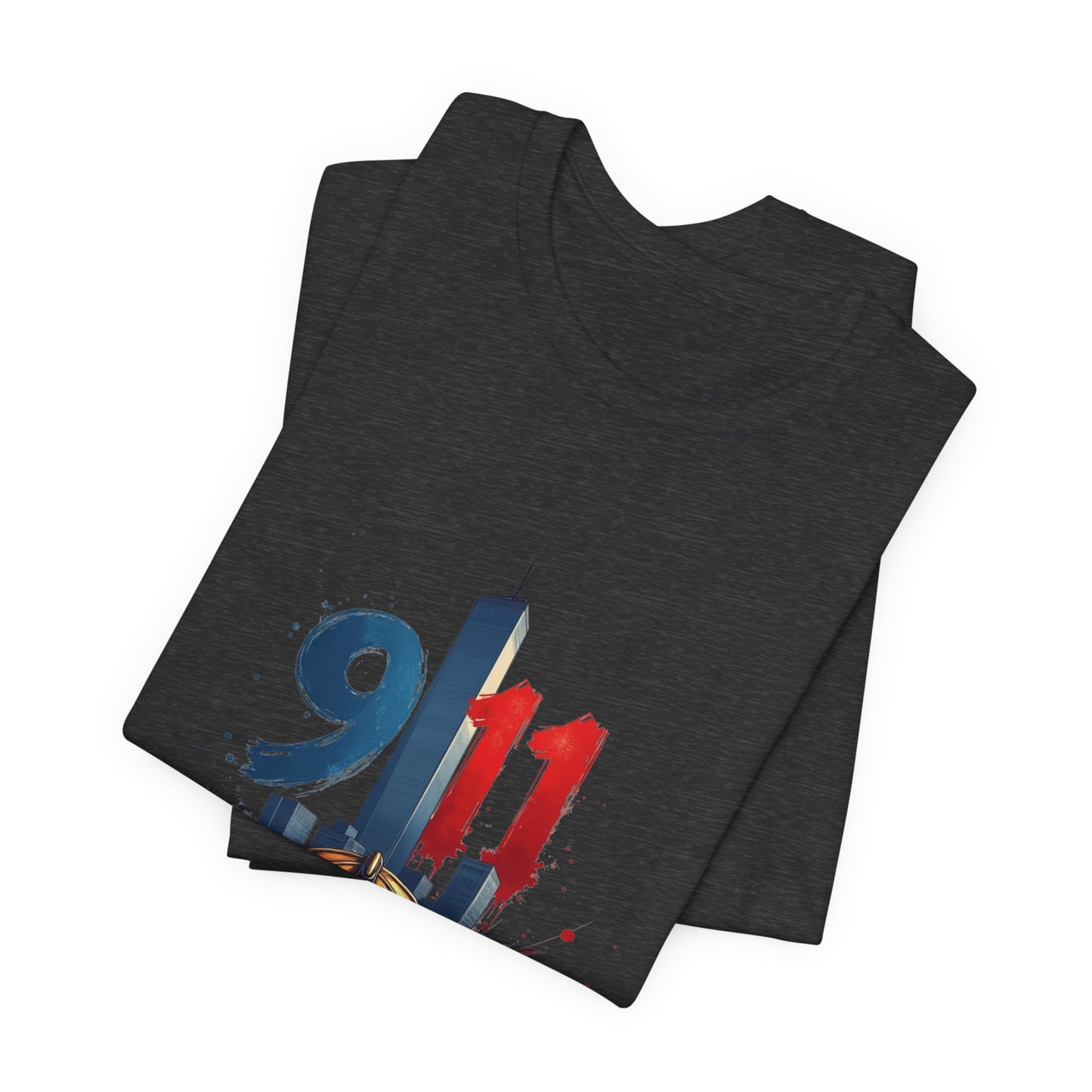 9/11 Firefighter Memorial Tee — Tribute T-Shirt with Helmet & Twin Towers Design