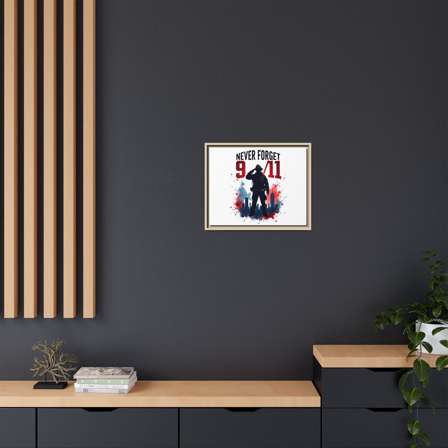 Never Forget 9/11 Framed Canvas Print — Patriotic Firefighter Memorial Art