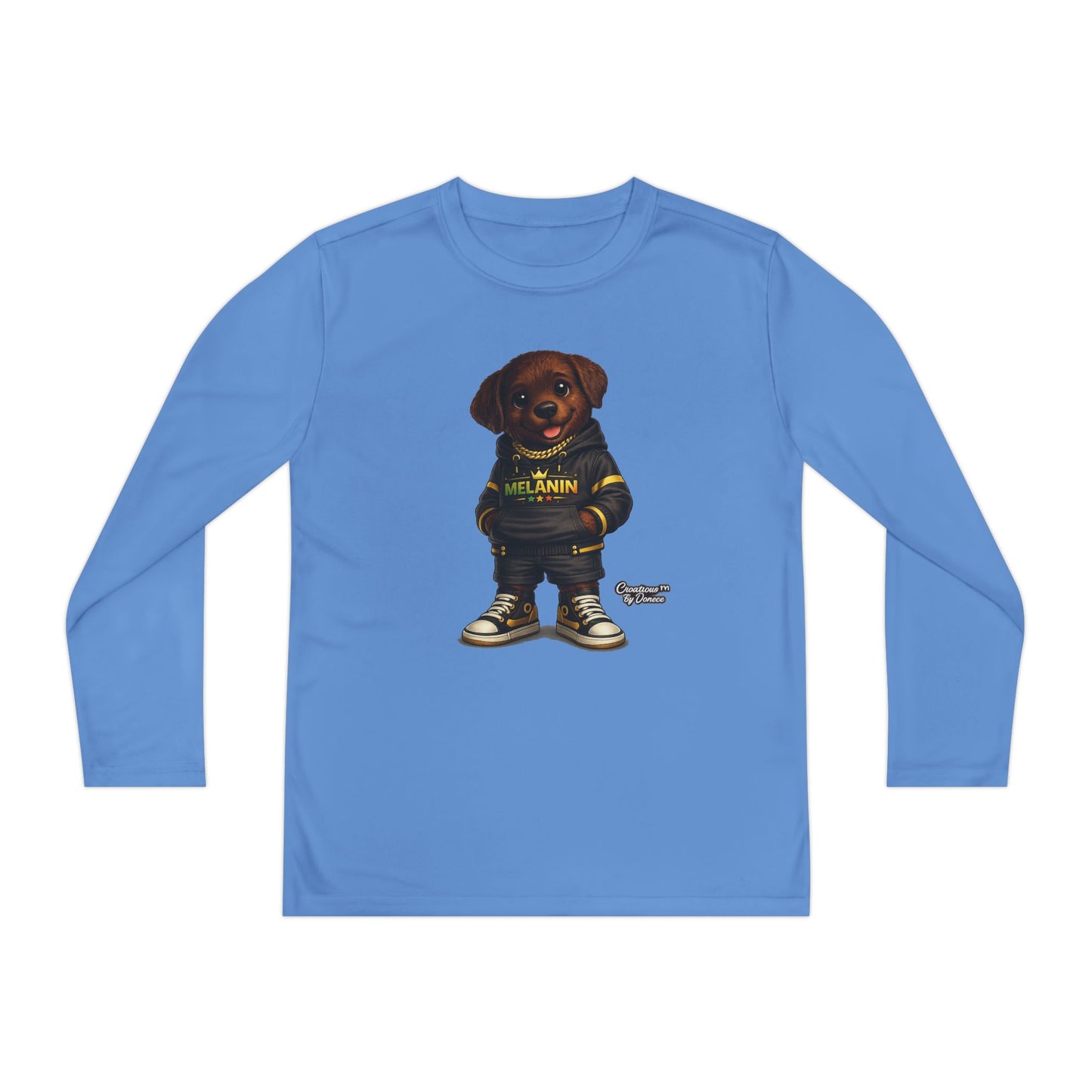 Youth Long Sleeve Tee — Cute Rottweiler Pup Graphic "Melanin" Hoodie Design