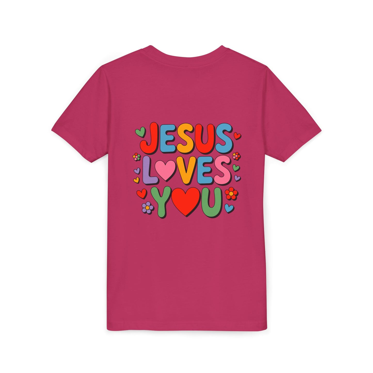 Youth Tee - "Jesus Loves You" Colorful Heart & Flower Christian Shirt