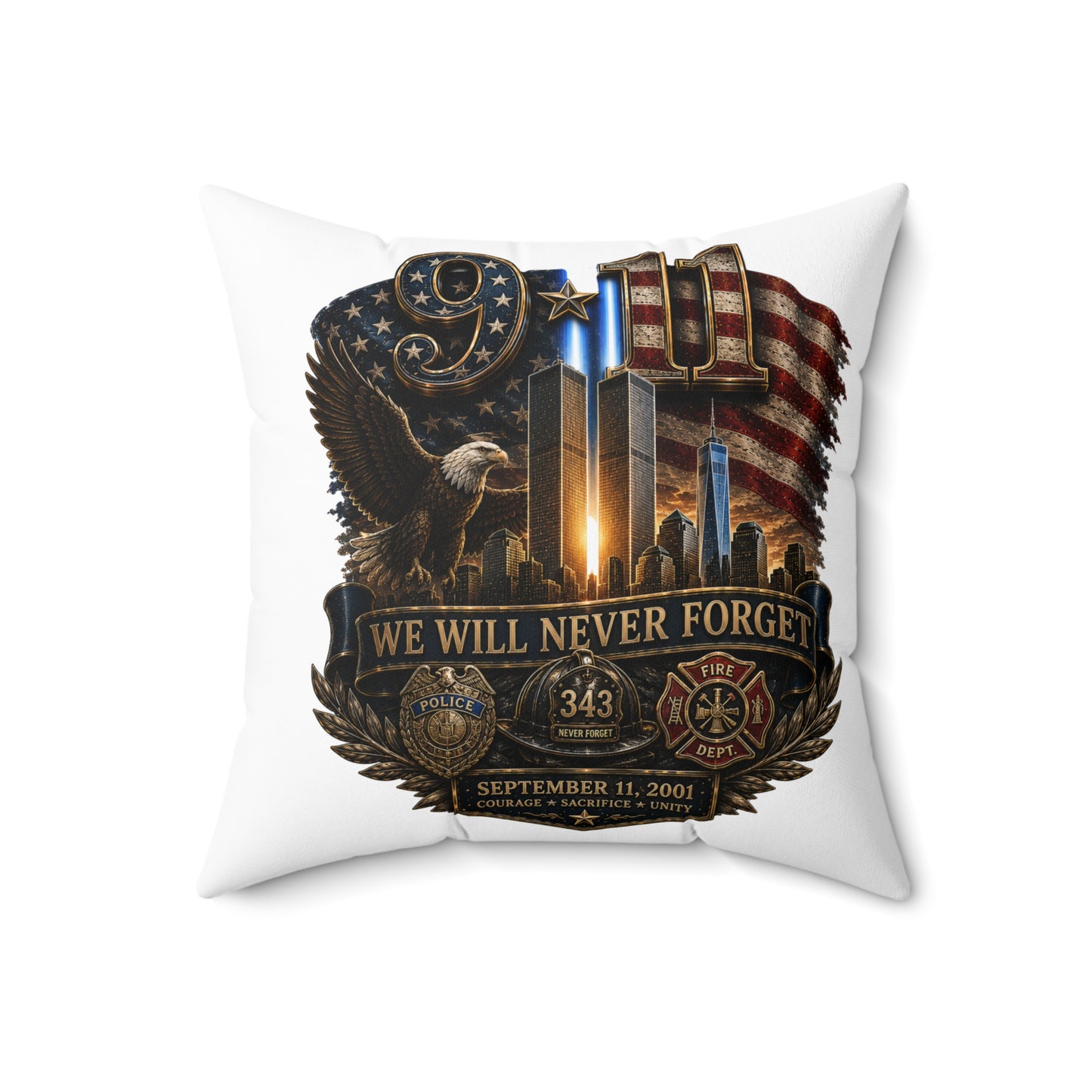 9/11 Memorial Square Pillow — "We Will Never Forget" Tribute