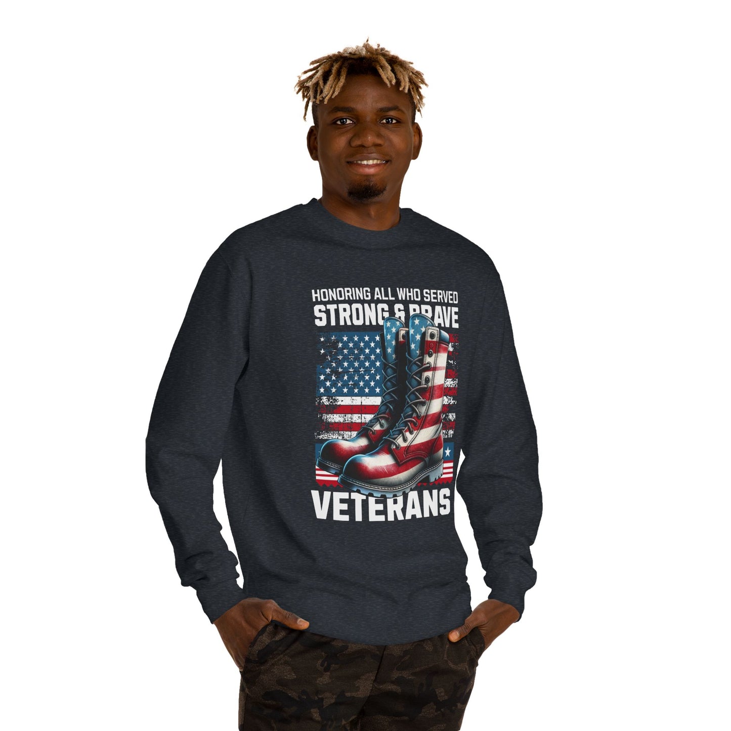Veterans Tribute Sweatshirt — "Honoring All Who Served" Military Boots & American Flag