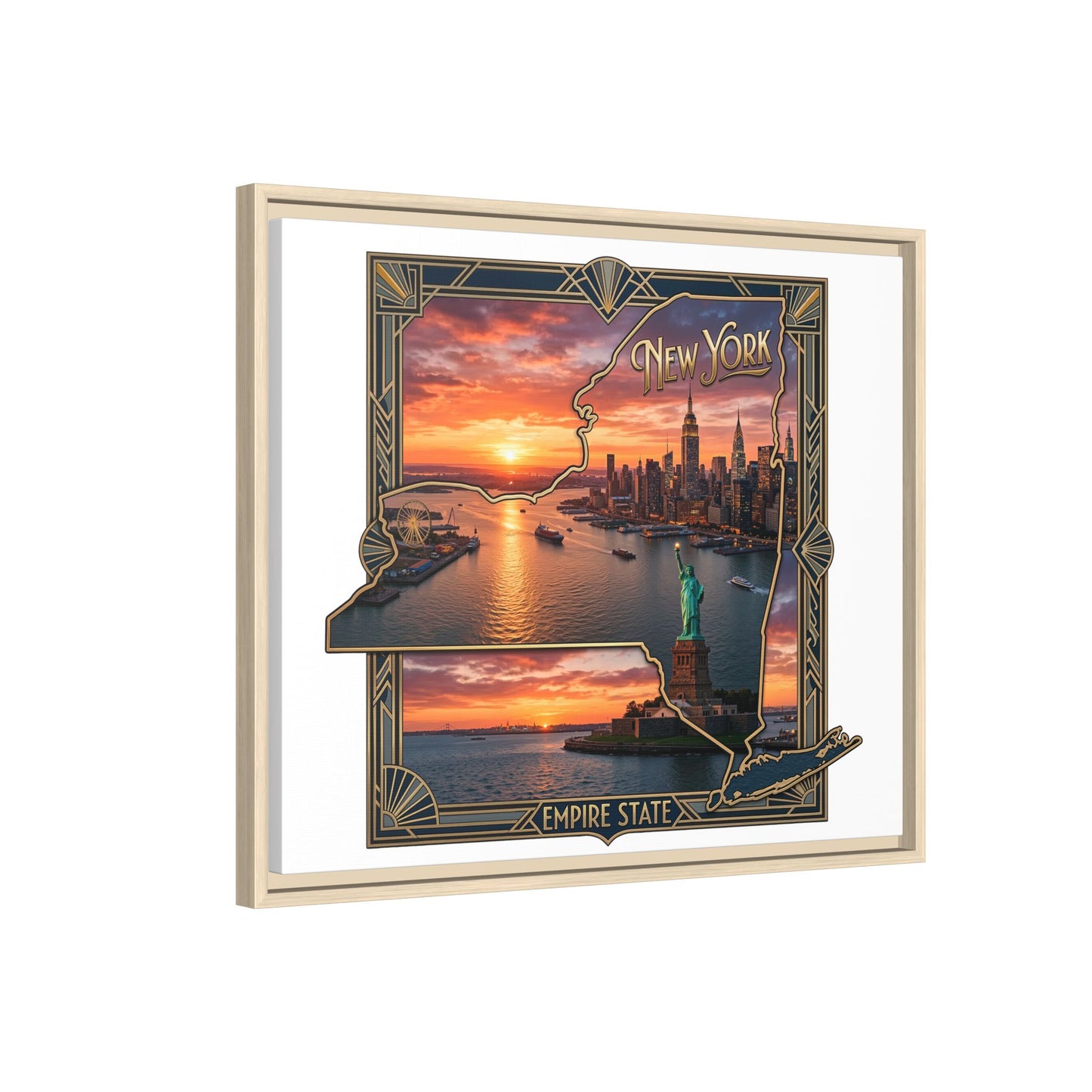 Framed Matte Canvas Wall Art — New York City Sunset Skyline with Statue of Liberty