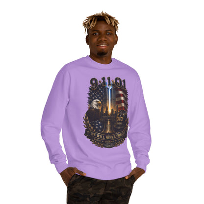 9/11 Remembrance Crewneck Sweatshirt — We Will Never Forget Memorial Tee