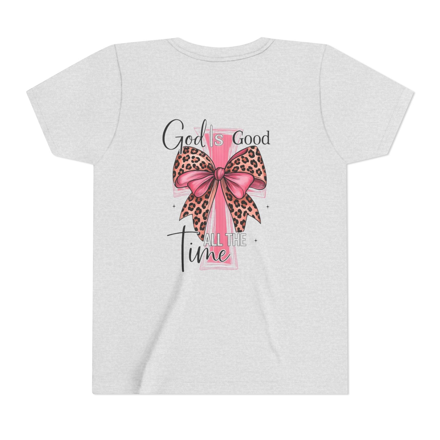 Youth Tee — "God is Good All the Time" Pink Cross with Leopard Bow