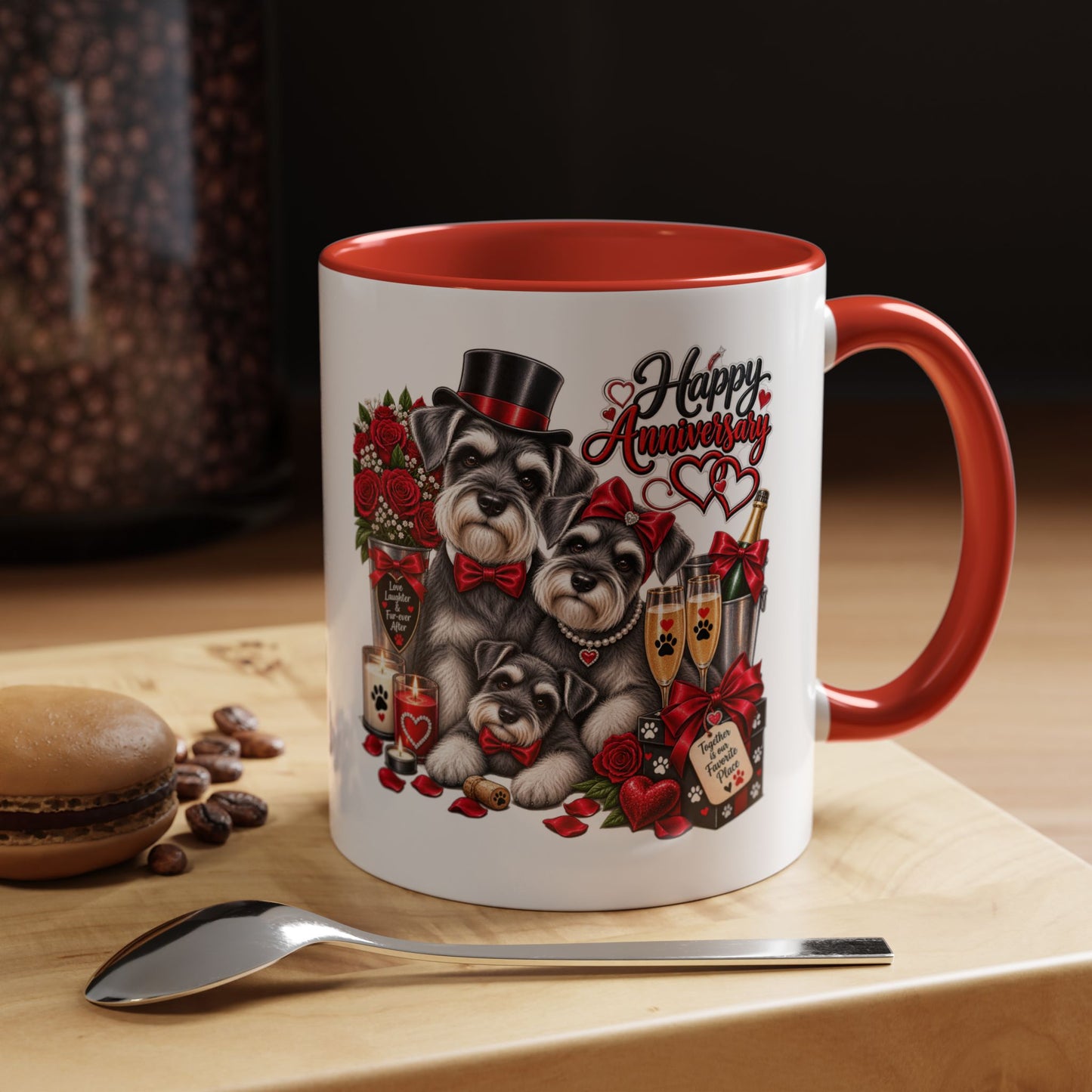 Happy Anniversary Dog Coffee Mug — Cute Pups, Champagne & Roses Accent Mug